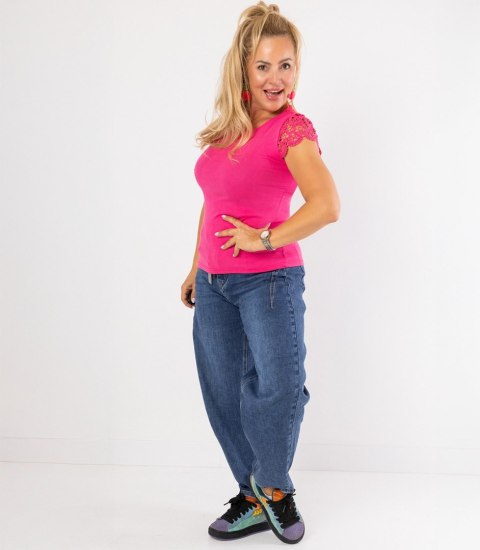 Bluzka koszulka krótki rękaw ozdobiona koronką Elegancka LUIZA (Różowy)