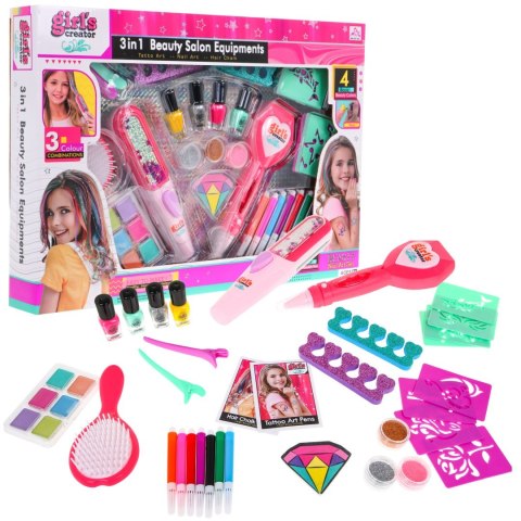 Mega zestaw do stylizacji 3w1 dla dziewczynki - Kolorowe włosy + Manicure + Tatuaże Mega zestaw do stylizacji 3w1 dla dziewczynki - Kolorowe włosy + Manicure + Tatuaże