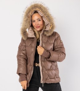 Pikowana kurtka zimowa z kapturem futerkiem ARIA PUFF PLUS SIZE (Brązowy) 7XL (54)