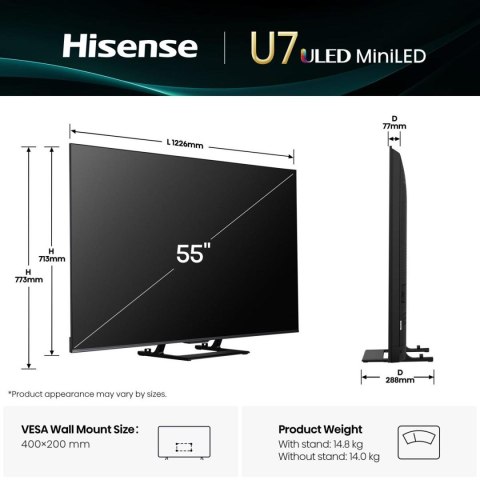 Telewizor 55" Hisense 55U7Q ULED 4K 144Hz VIDAA Smart OS Al Czarny Telewizor 55" Hisense 55U7Q ULED 4K 144Hz VIDAA Smart OS Al Czarny